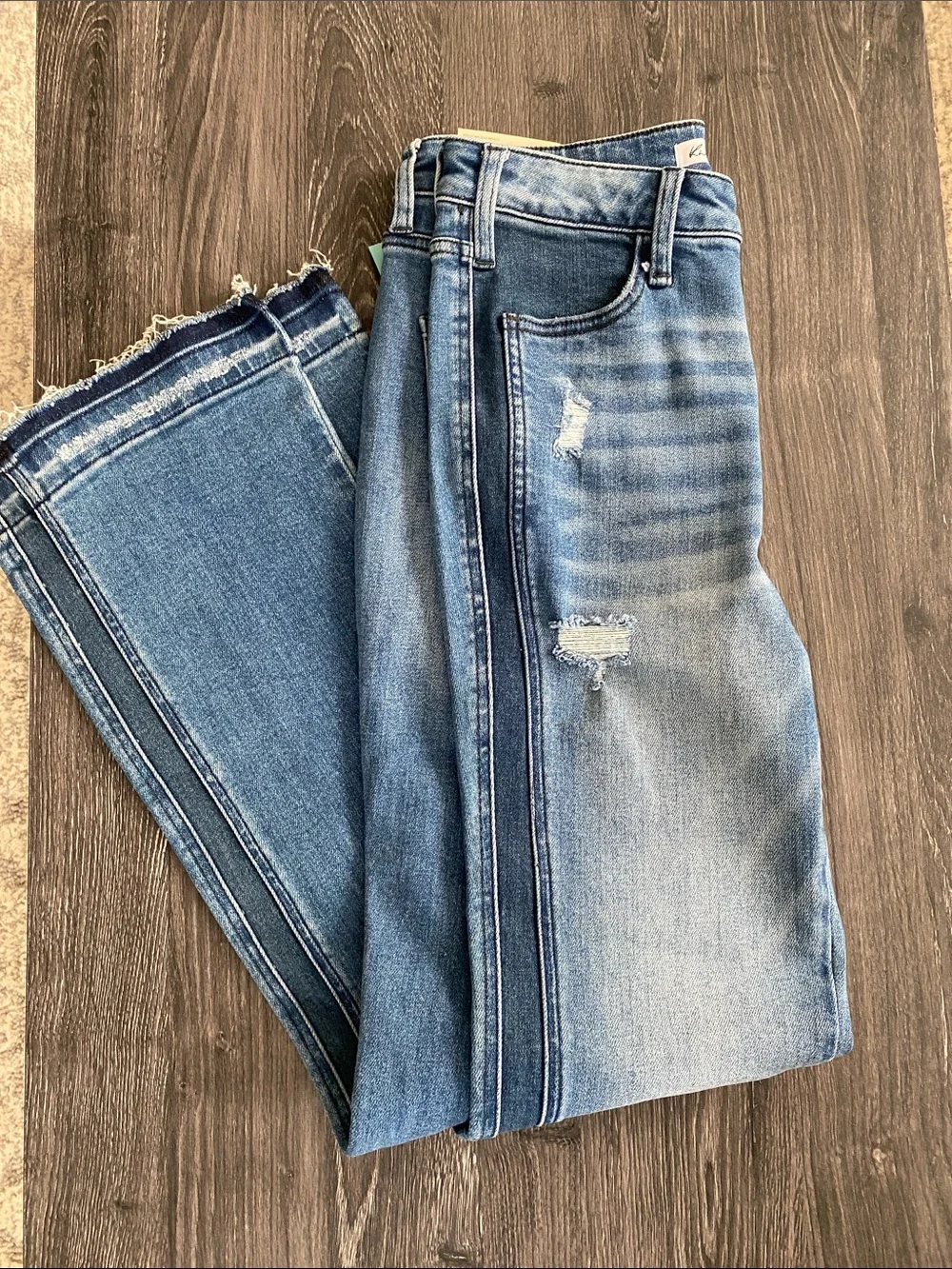 KanCan Women’s Blue Distressed Side-Stripe Jeans -